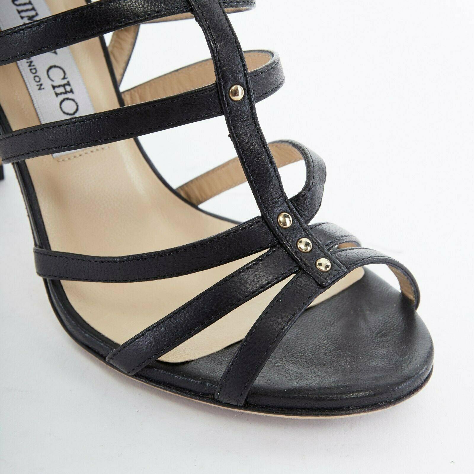 JIMMY CHOO black leather flower brooch caged strappy heel sandals EU35.5 US5.5 In Good Condition For Sale In Hong Kong, NT