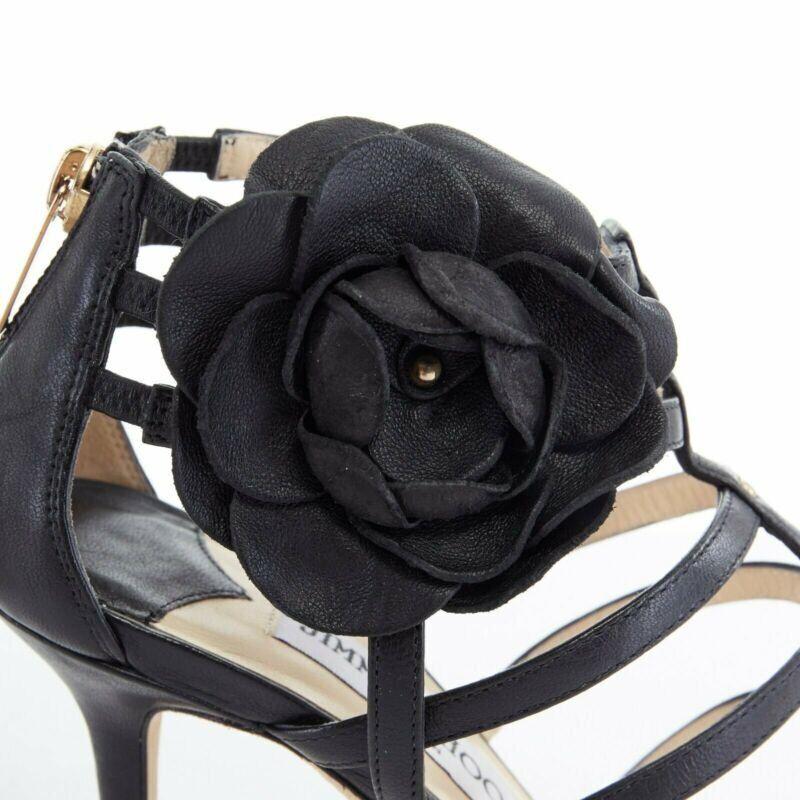 JIMMY CHOO black leather flower brooch caged strappy heel sandals EU35.5 US5.5 For Sale 3