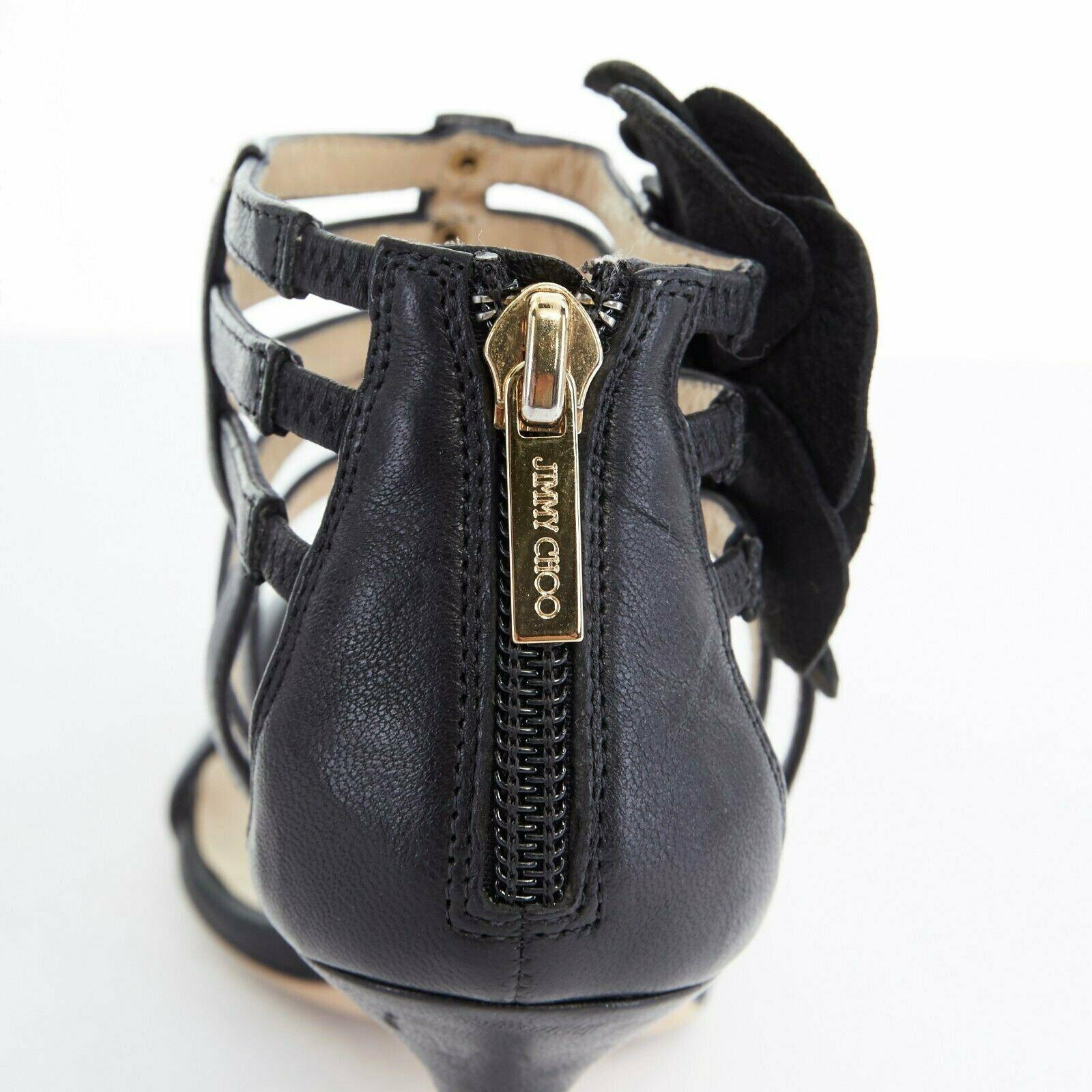 JIMMY CHOO black leather flower brooch caged strappy heel sandals EU35.5 US5.5 1
