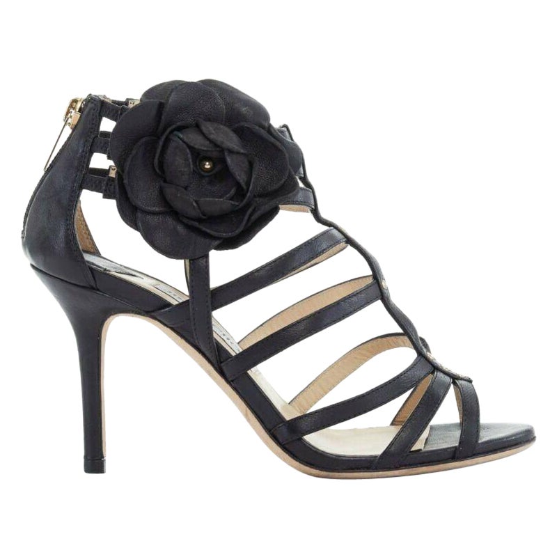 JIMMY CHOO - Sandales à talons à lanières en cuir noir avec broche en forme de fleur EU35,5 US5,5