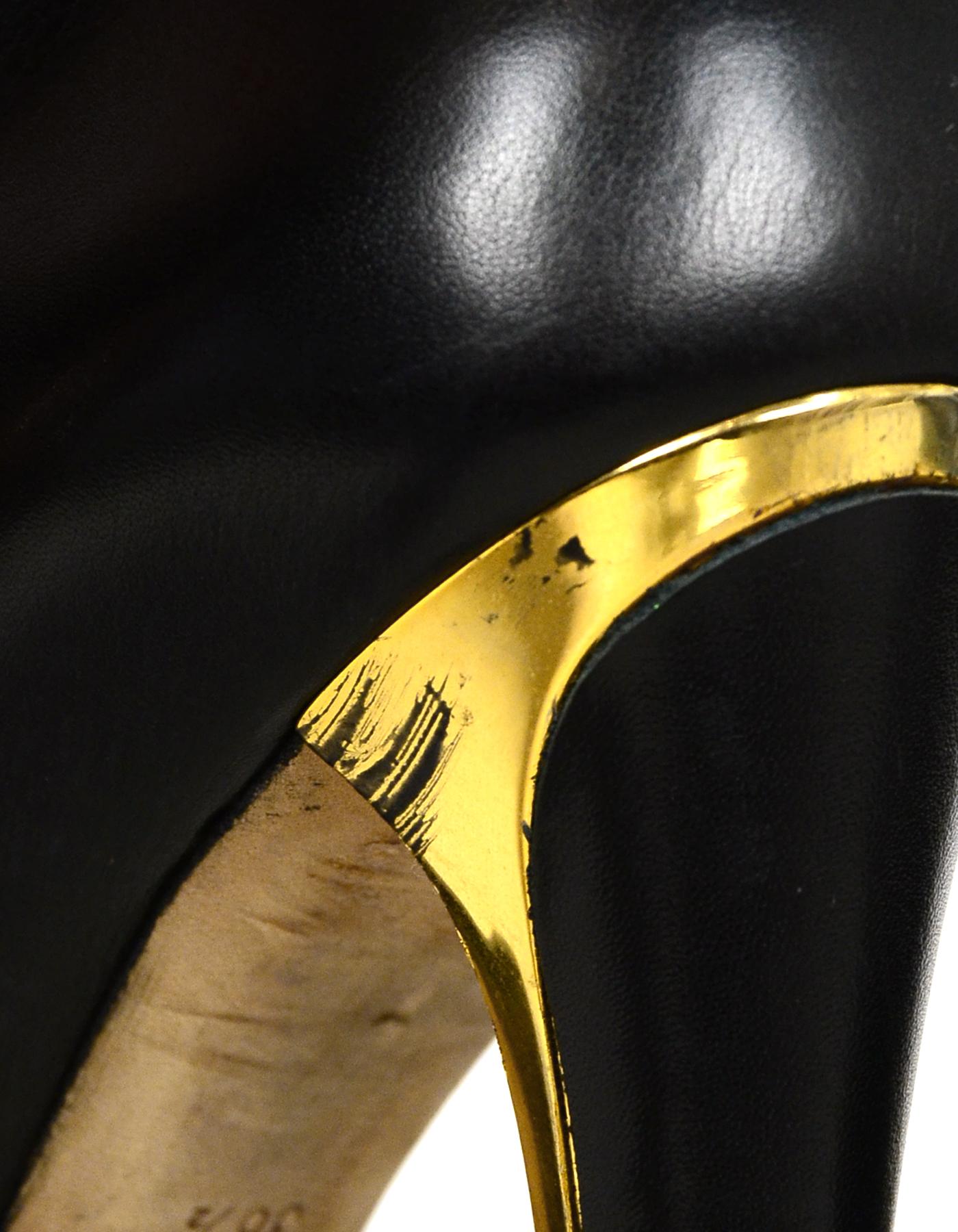 Jimmy Choo Black Leather Heeled Knee-High Boots with Gold Trim Heel sz 36.5 3