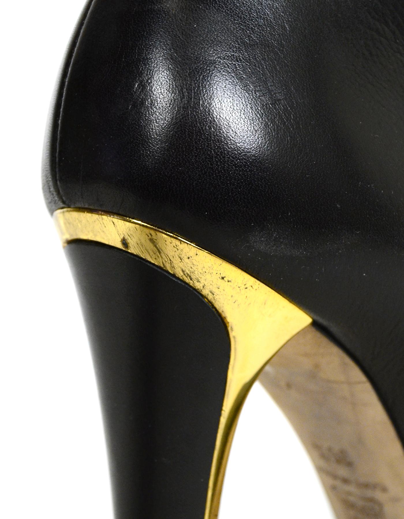 Jimmy Choo Black Leather Heeled Knee-High Boots with Gold Trim Heel sz 36.5 1