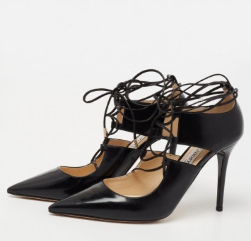 Jimmy Choo Black Leather Hoops Lace Up Pumps Size 35.5 In Good Condition For Sale In Dubai, Al Qouz 2