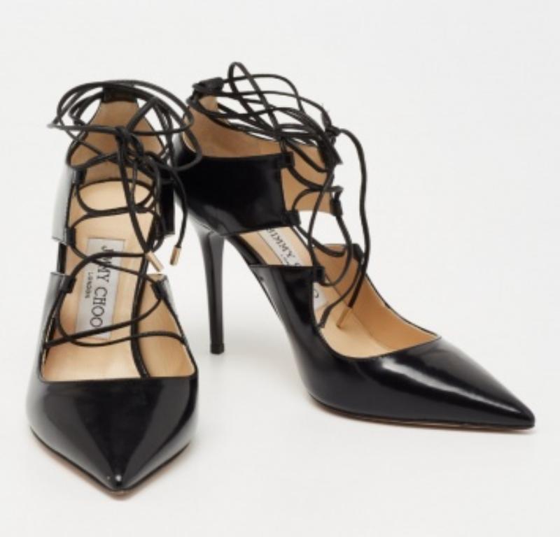 Women's Jimmy Choo Black Leather Hoops Lace Up Pumps Size 35.5 For Sale