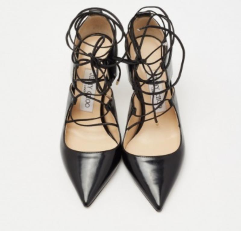 Jimmy Choo Black Leather Hoops Lace Up Pumps Size 35.5 For Sale 1