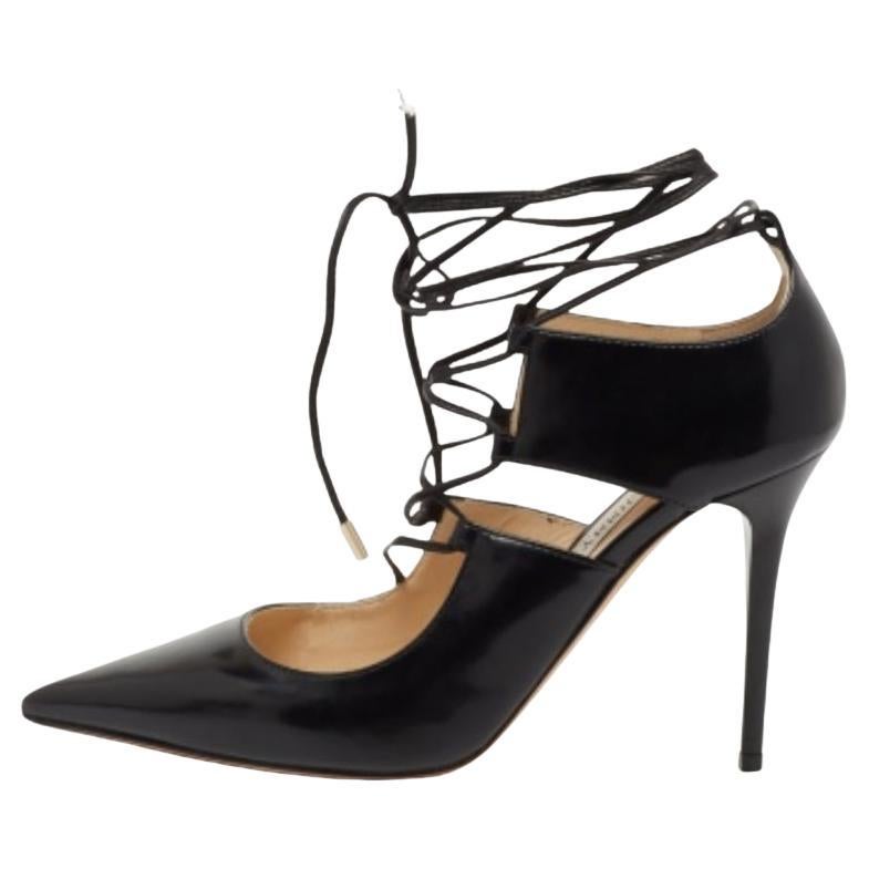Jimmy Choo Black Leather Hoops Lace Up Pumps Size 35.5 For Sale