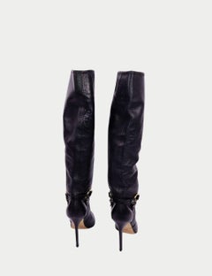 Jimmy Choo Black Leather Knee-High Boots with Gold Buckle - EU 37