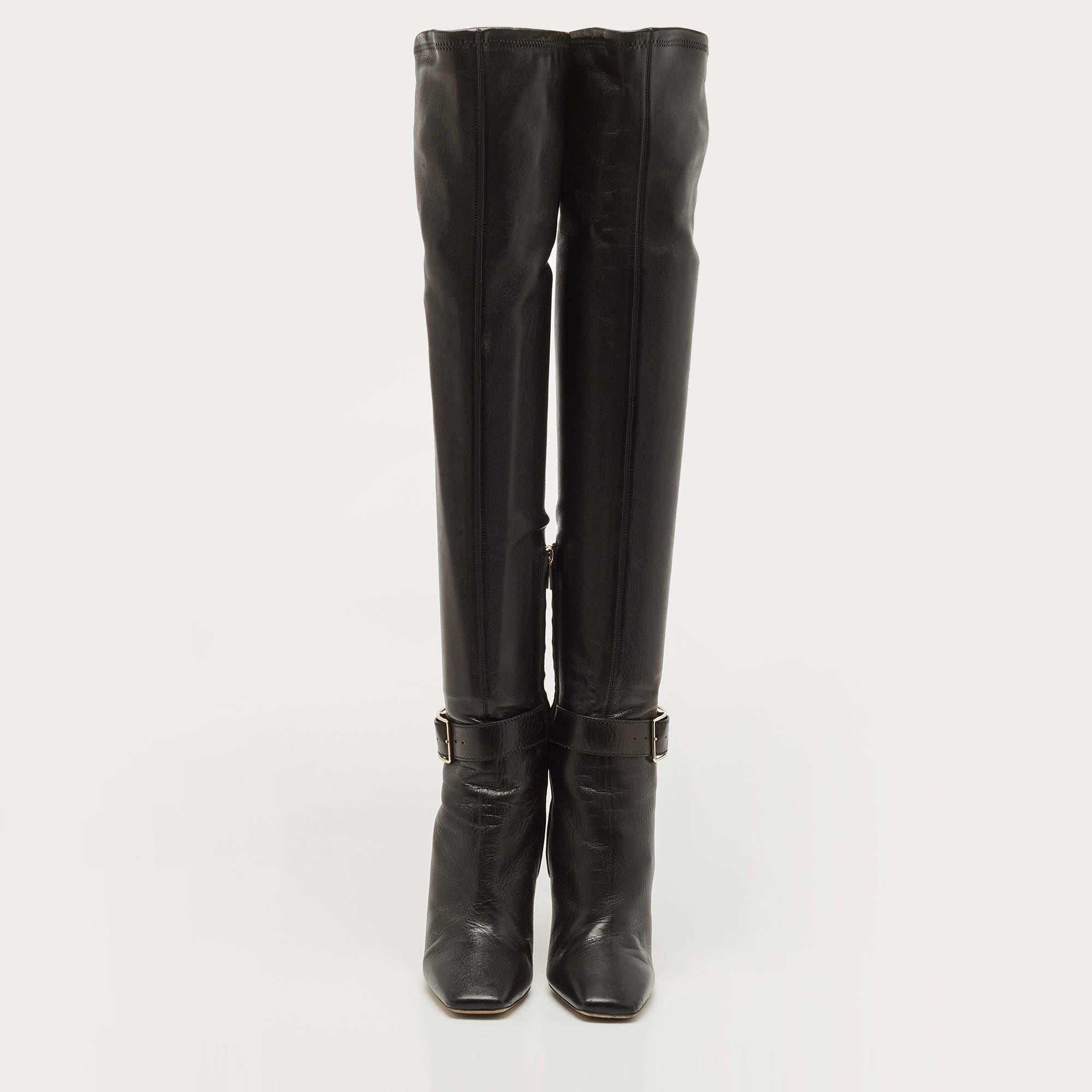 Jimmy Choo Black Leather Knee Length Boots Size 38 In Good Condition In Dubai, Al Qouz 2