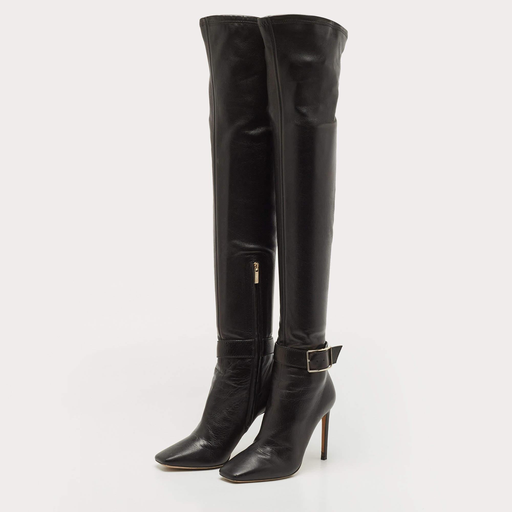 Women's Jimmy Choo Black Leather Knee Length Boots Size 38