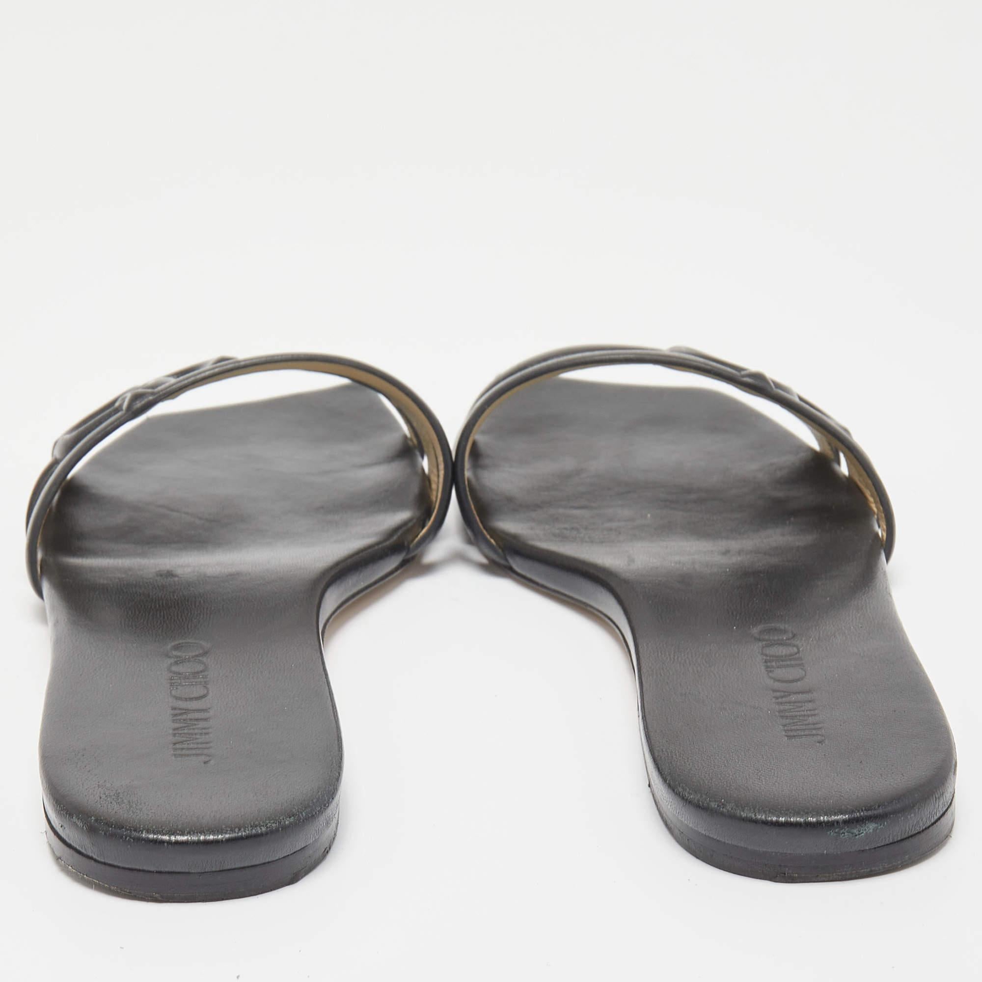 Jimmy Choo Black Leather Laran Flat Slides Size 38 In Good Condition In Dubai, Al Qouz 2