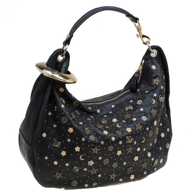 Jimmy Choo Black Leather Large Solar Zodiac Studded Hobo For Sale at
