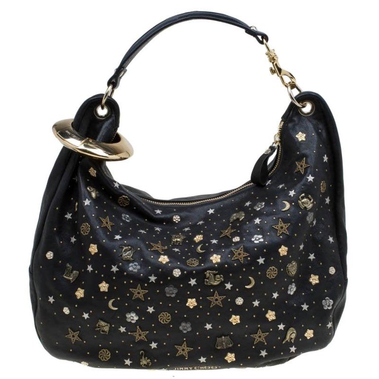 Jimmy Choo Black Leather Large Solar Zodiac Studded Hobo For Sale at