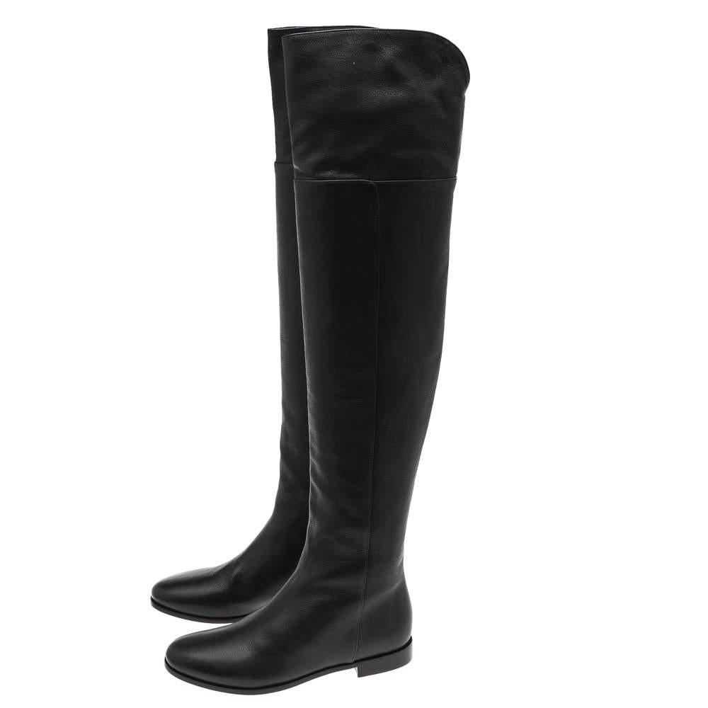 Women's Jimmy Choo Black Leather Mitty Flat Over The Knee Boots Size 34.5