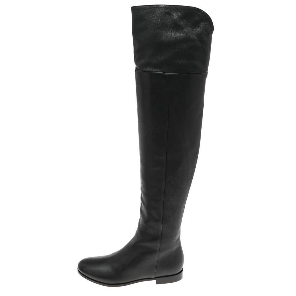 Jimmy Choo Black Leather Mitty Flat Over The Knee Boots Size 34.5 4