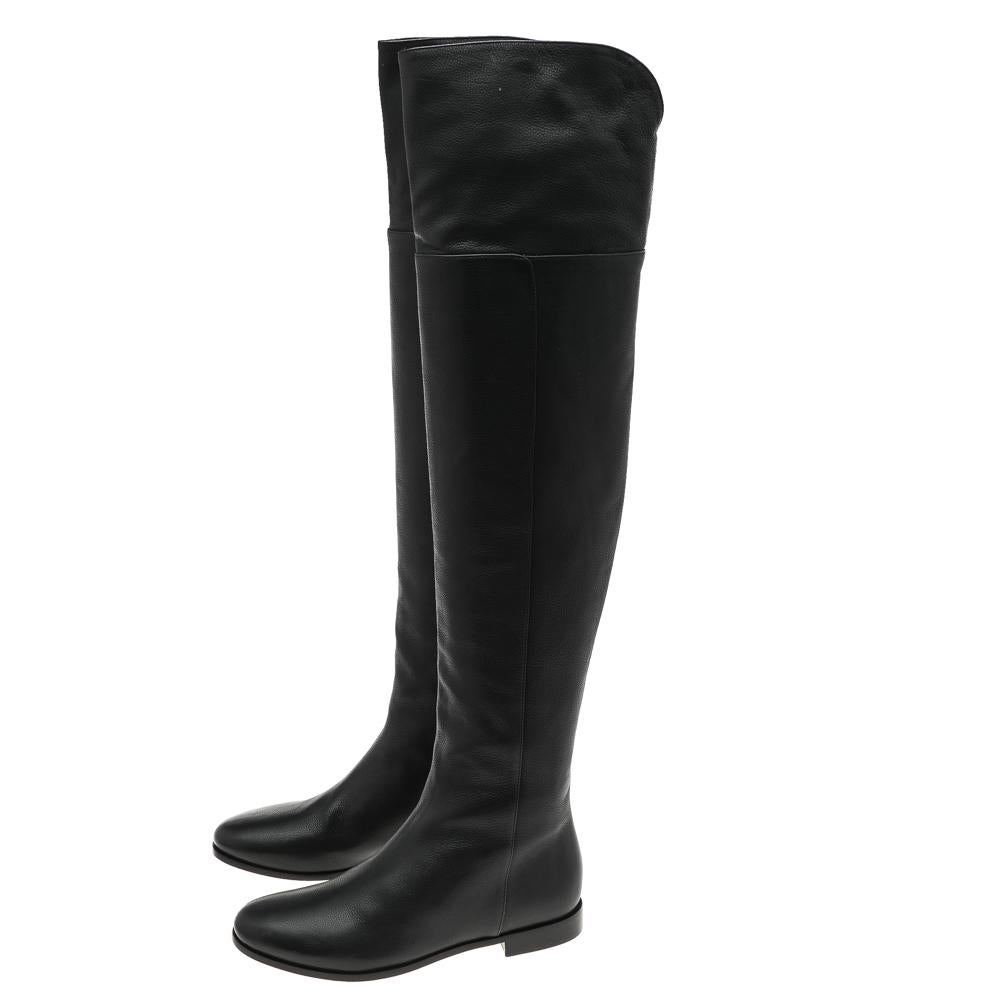 Jimmy Choo Black Leather Mitty Flat Over The Knee Boots Size 34.5 5