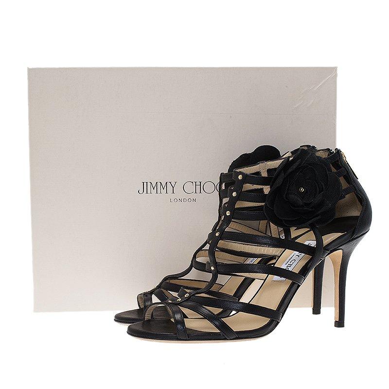 Jimmy Choo Black Leather Opaque Flower Detail Cage Sandals Size 40 1