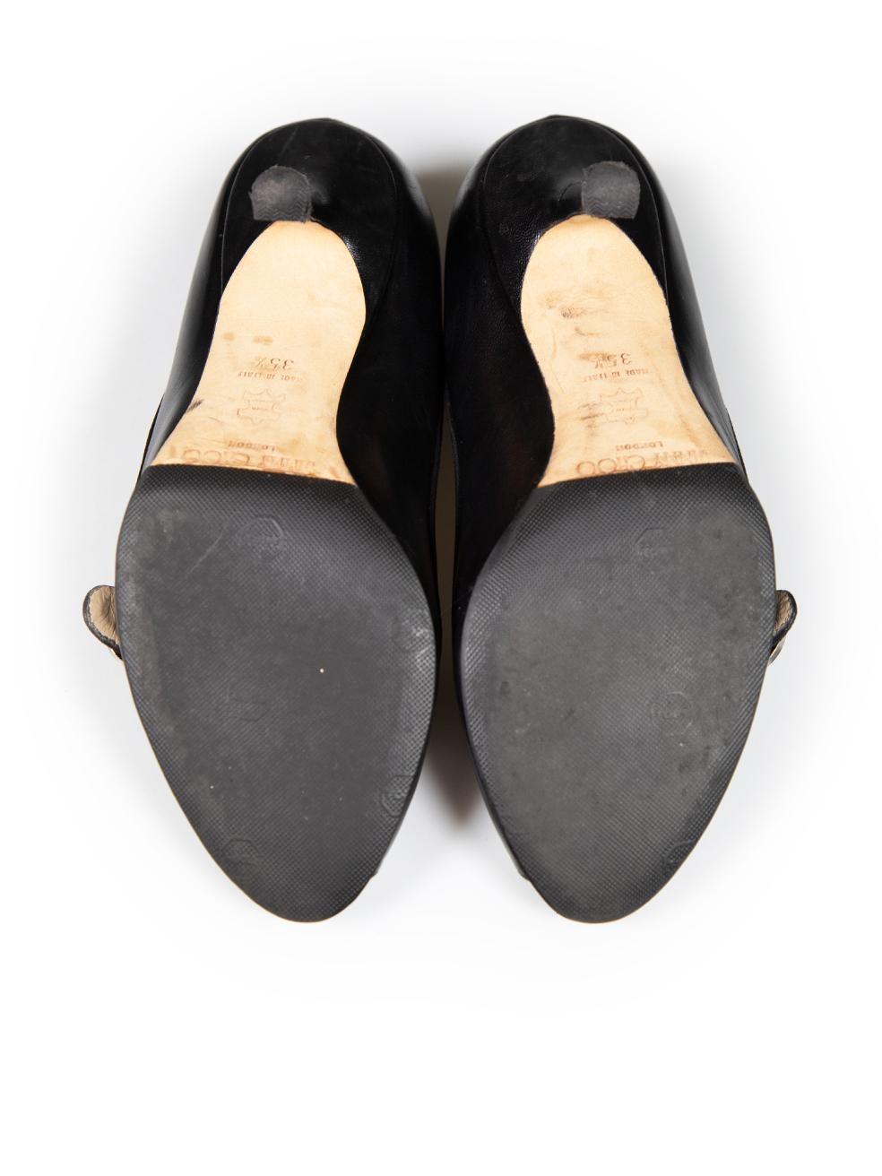 Women's Jimmy Choo Black Leather Peep Toe Mid Heels Size IT 35.5 For Sale