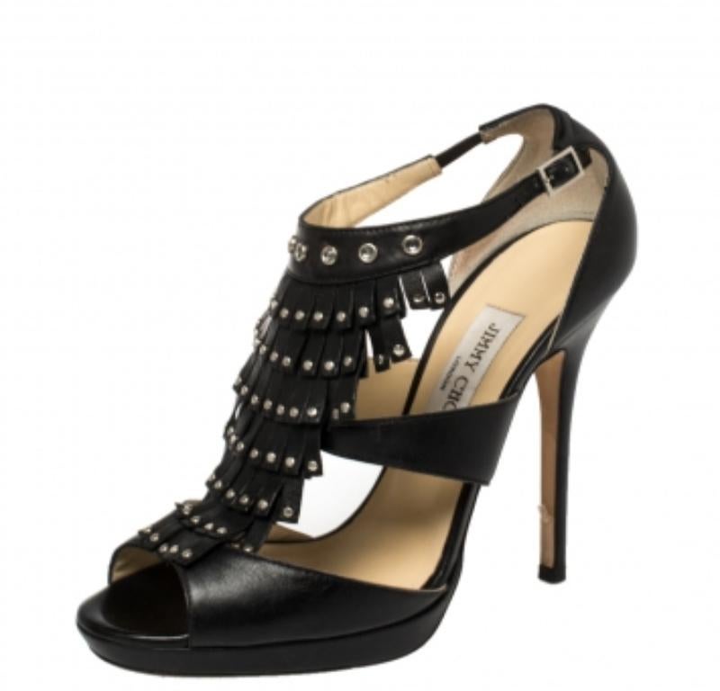 Women's Jimmy Choo Black Leather Studded Fringe Platform Sandals Size 39 For Sale