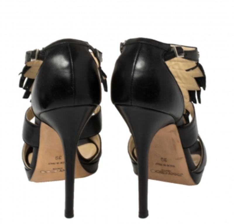 Jimmy Choo Black Leather Studded Fringe Platform Sandals Size 39 For Sale 2