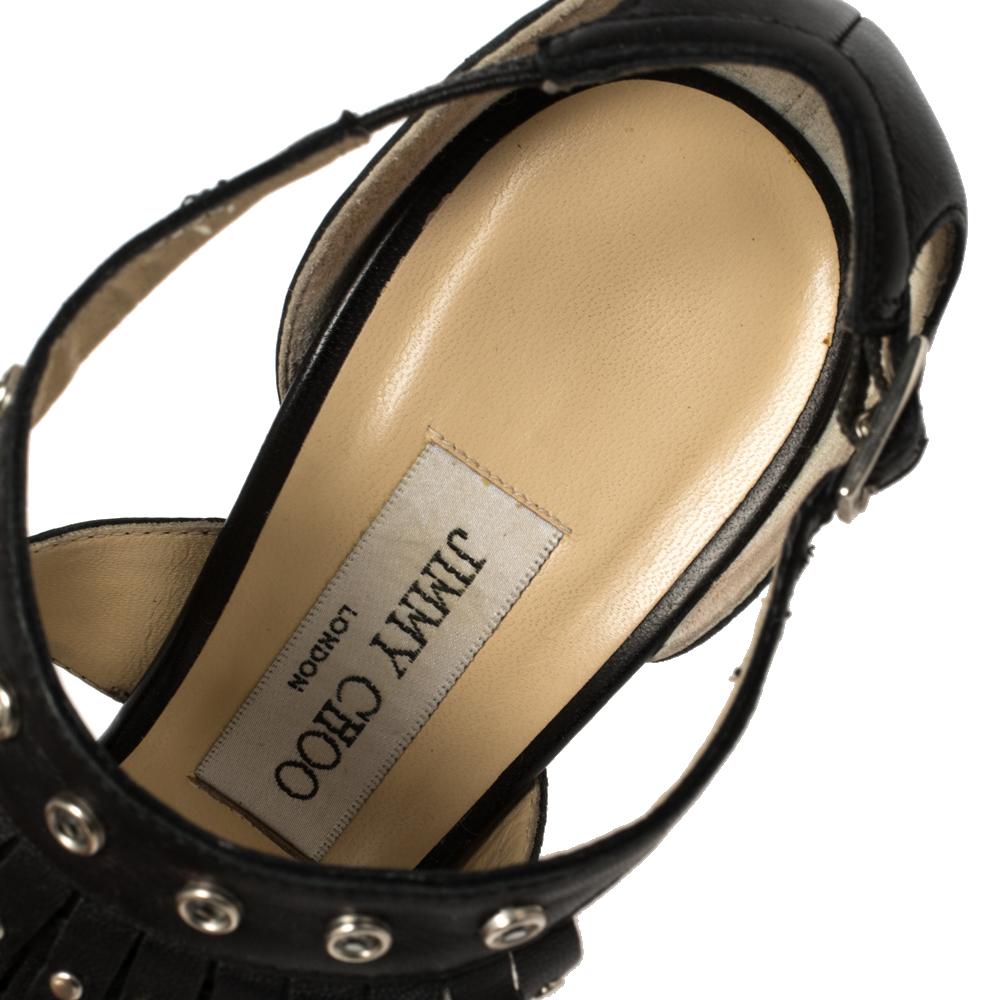 Jimmy Choo Black Leather Studded Fringe Platform Sandals Size 39 In Good Condition For Sale In Dubai, Al Qouz 2