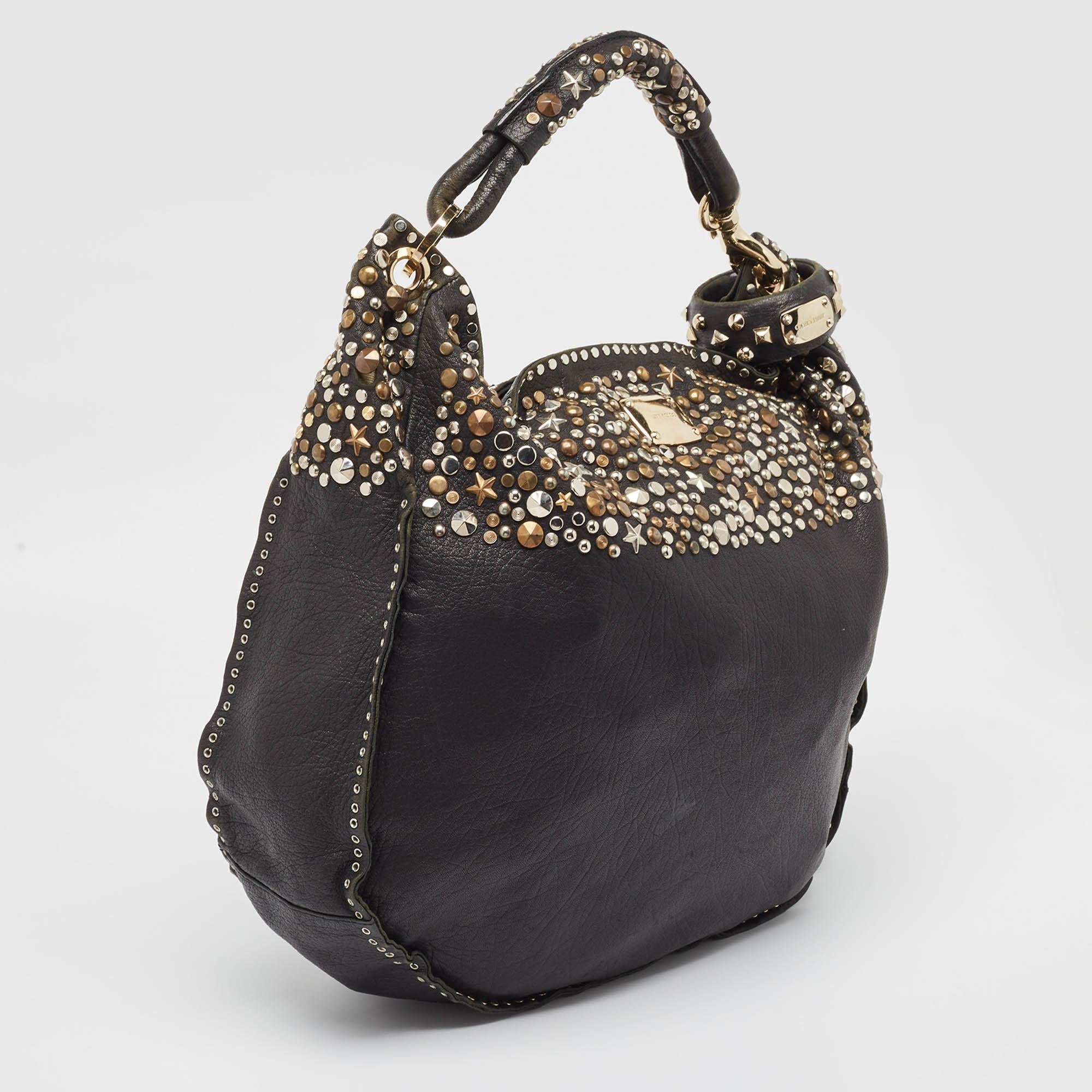 Jimmy Choo Black Leather Studded Sky Bangle Hobo In Excellent Condition In Dubai, Al Qouz 2