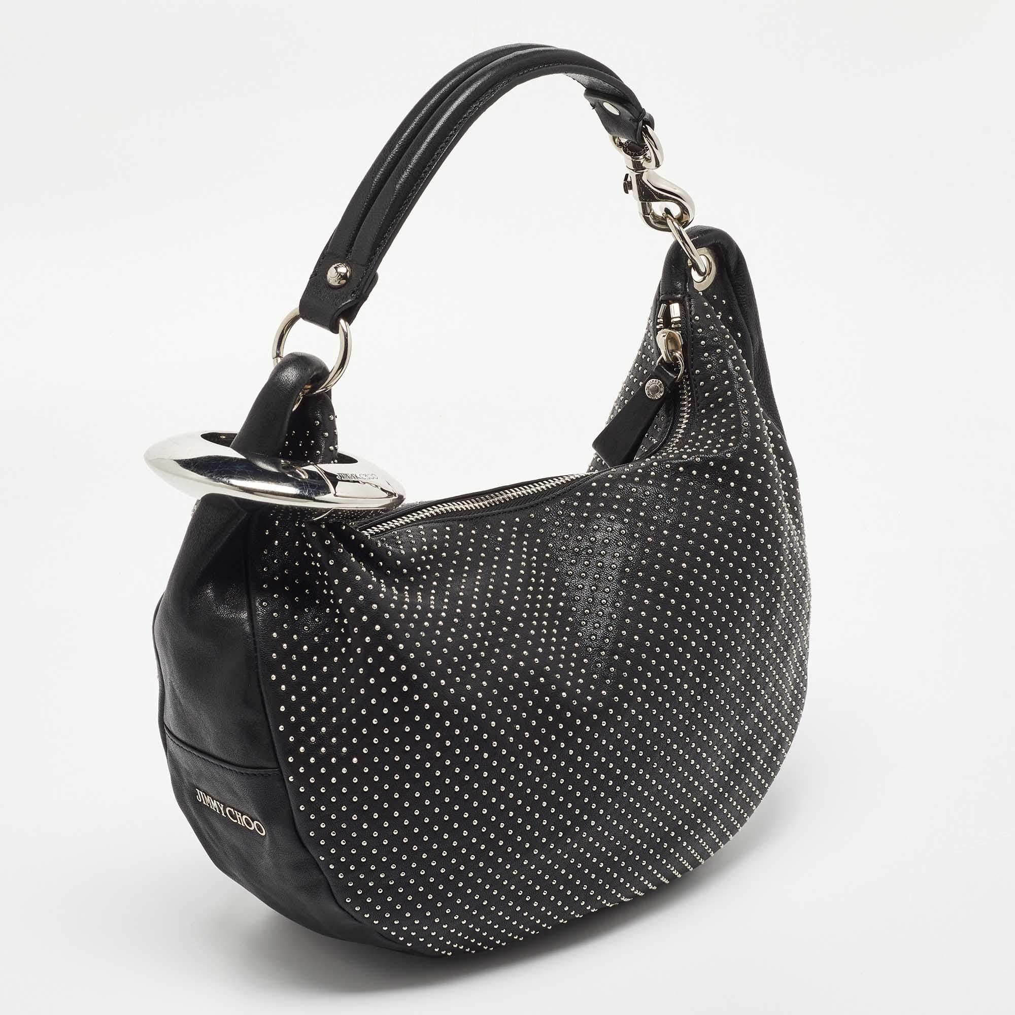 Jimmy Choo Black Leather Studded Solar Hobo In Good Condition In Dubai, Al Qouz 2