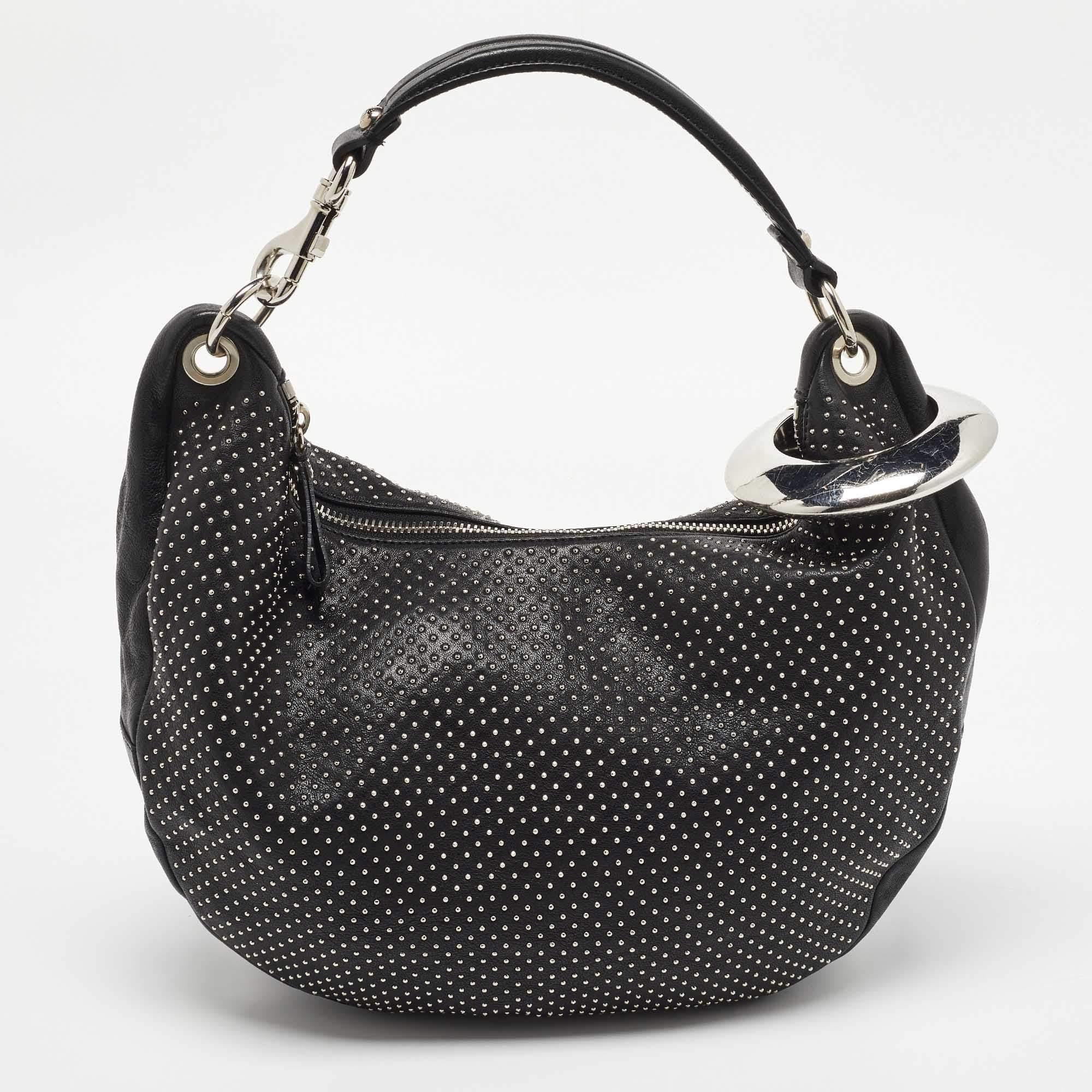 Women's Jimmy Choo Black Leather Studded Solar Hobo