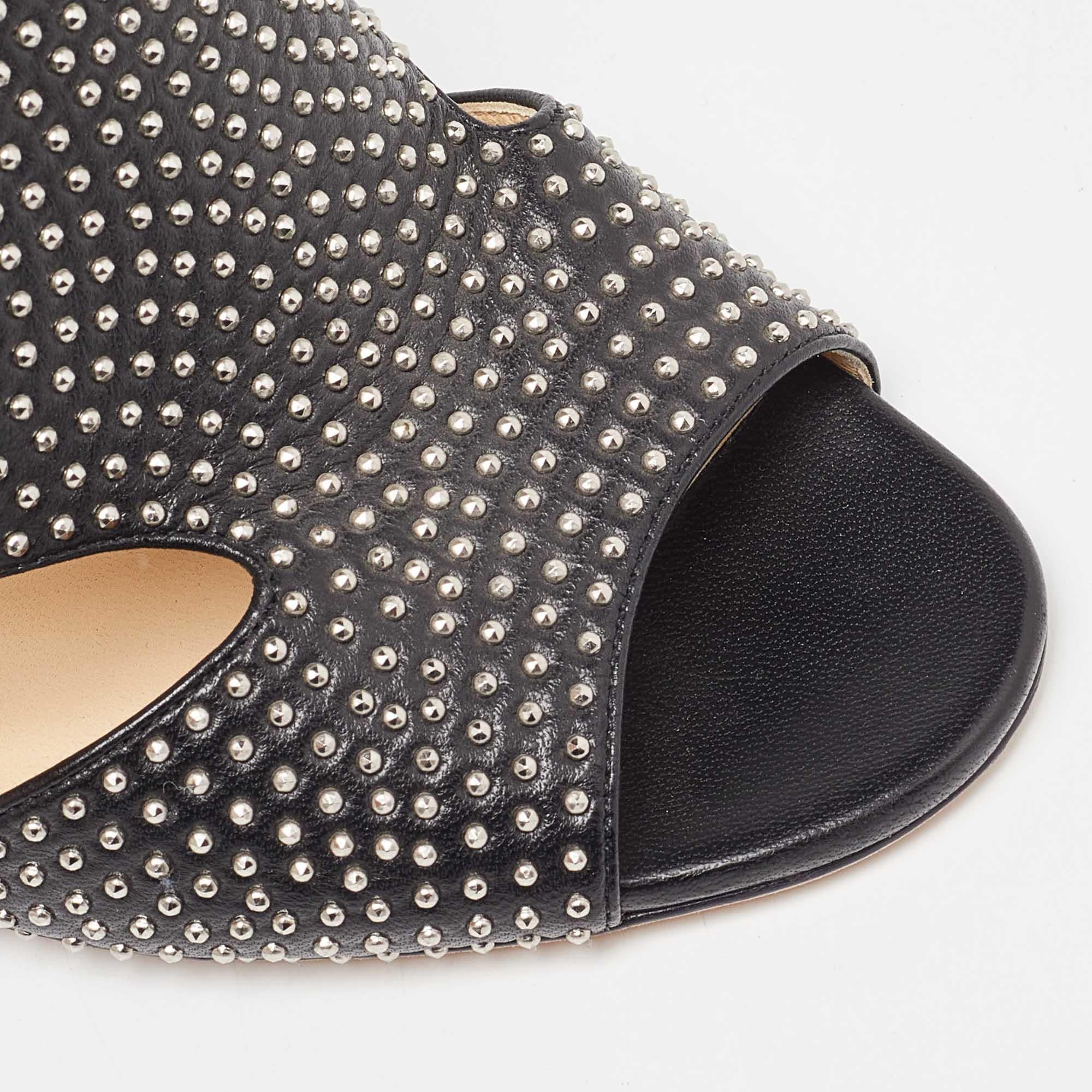 Jimmy Choo Black Leather Studded Tarine Peep Toe Sandals Size 38 For Sale 2