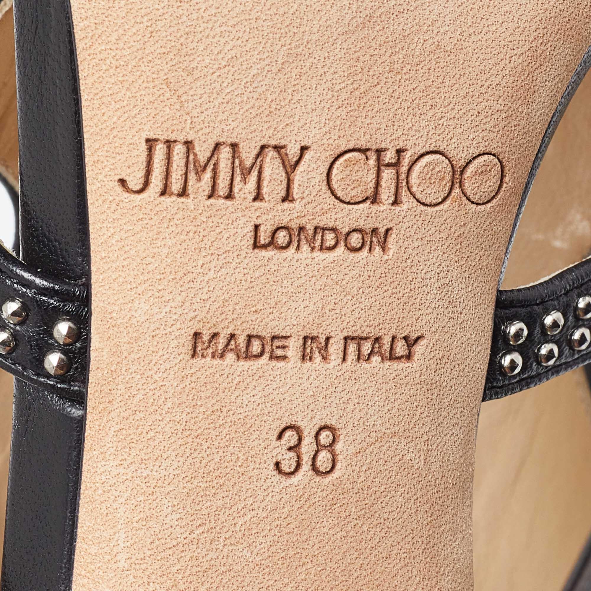 Jimmy Choo Black Leather Studded Tarine Peep Toe Sandals Size 38 For Sale 3