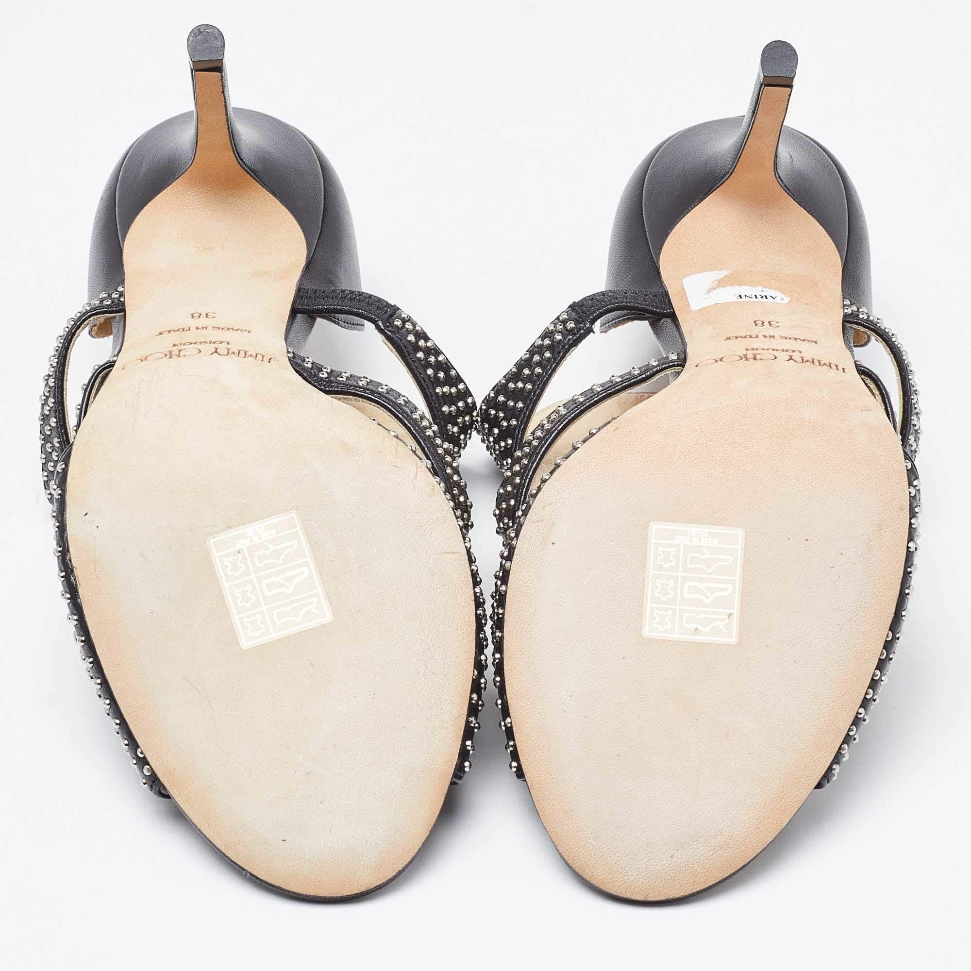 Jimmy Choo Black Leather Studded Tarine Peep Toe Sandals Size 38 For Sale 4