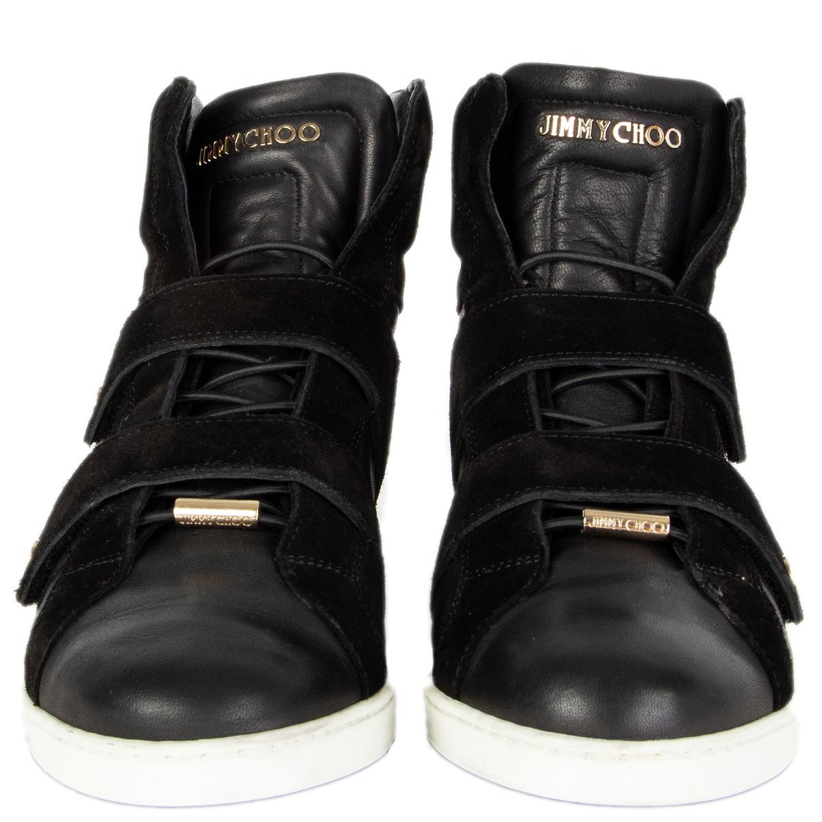 100% authentic Jimmy Choo 'Yazz' high-top sneakers in black suede and calfskin featuring velcro closre. Have been worn and are in excellent condition. 

Measurements
Imprinted Size	39
Shoe Size	39
Inside Sole	26cm (10.1in)
Width	8cm