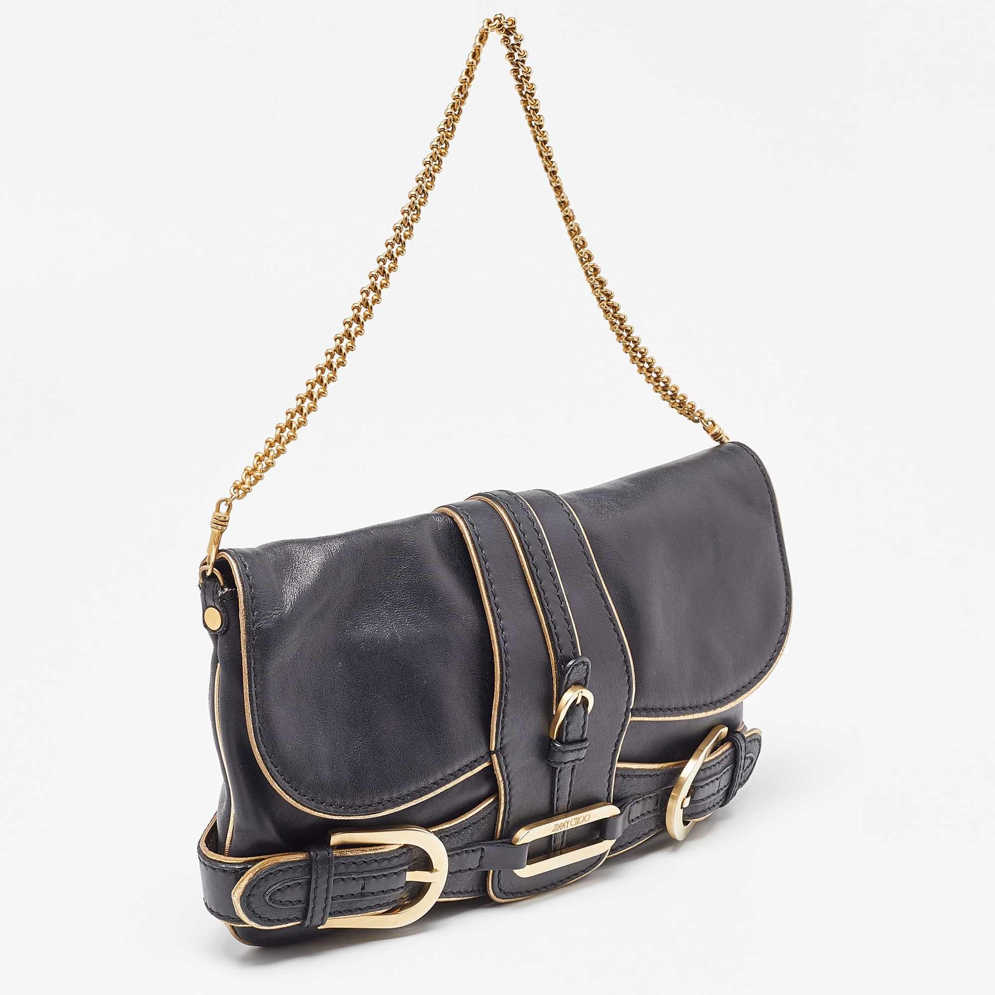 Jimmy Choo Black Leather Troy Chain Shoulder Bag In Good Condition In Dubai, Al Qouz 2
