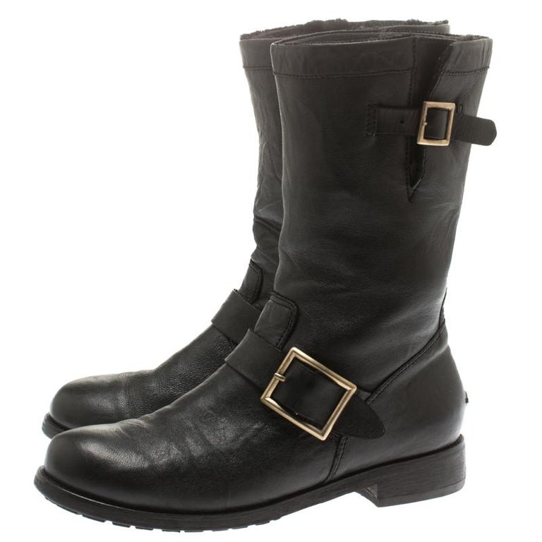 Jimmy Choo Black Leather Youth Biker Mid Calf Boots Size 37.5 For Sale ...