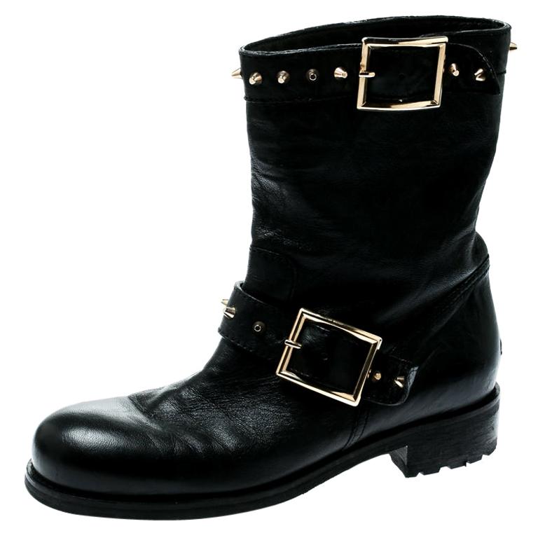 Jimmy Choo Black Leather Youth Buckle Studded Ankle Boots Size 36.5 For