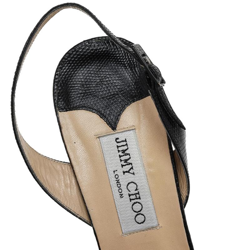 Jimmy Choo Black Lizard Embossed Leather Embellished Slingback Sandals Size 40 For Sale 2