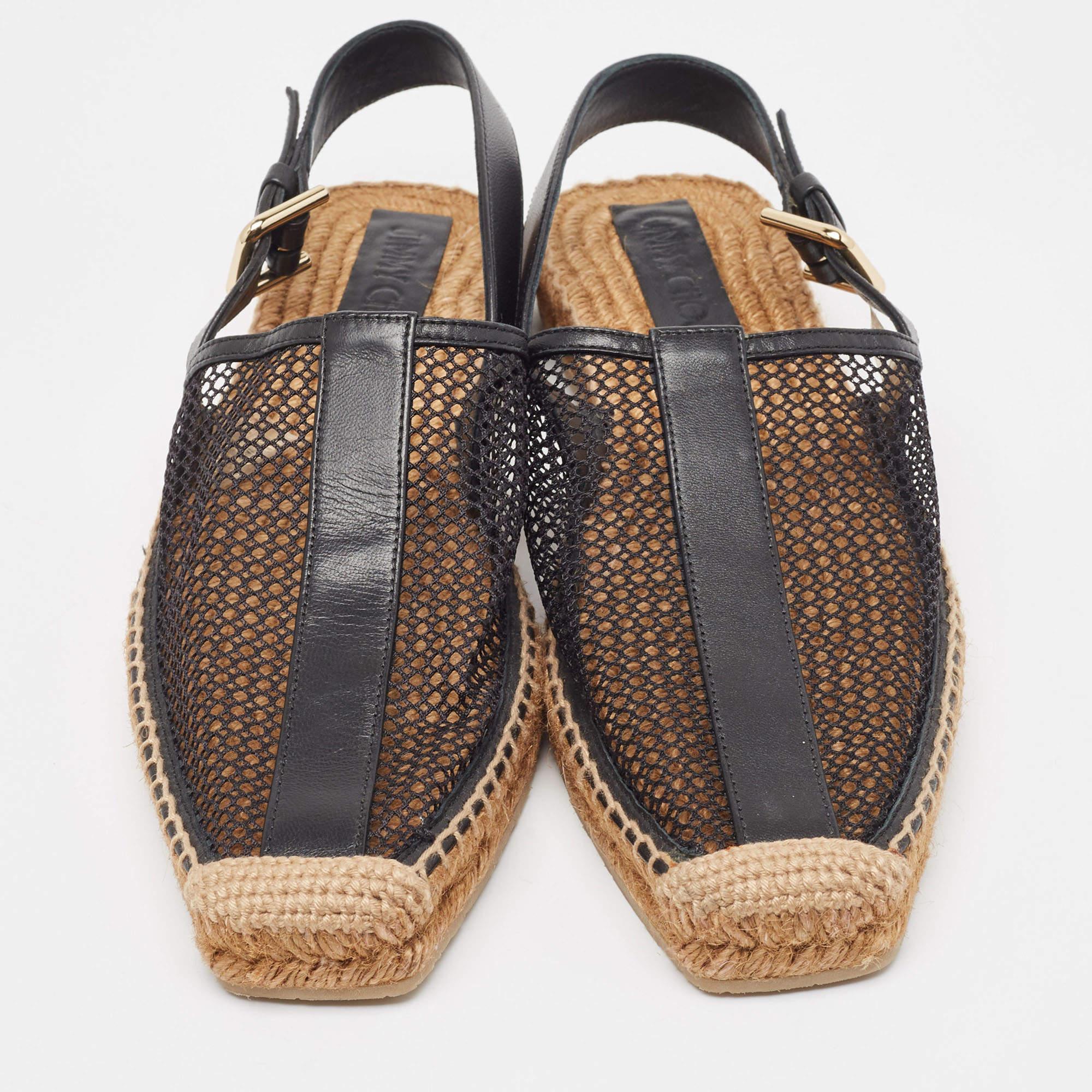 Brown Jimmy Choo Black Mesh and Leather Slingback Espadrille Size 41 For Sale