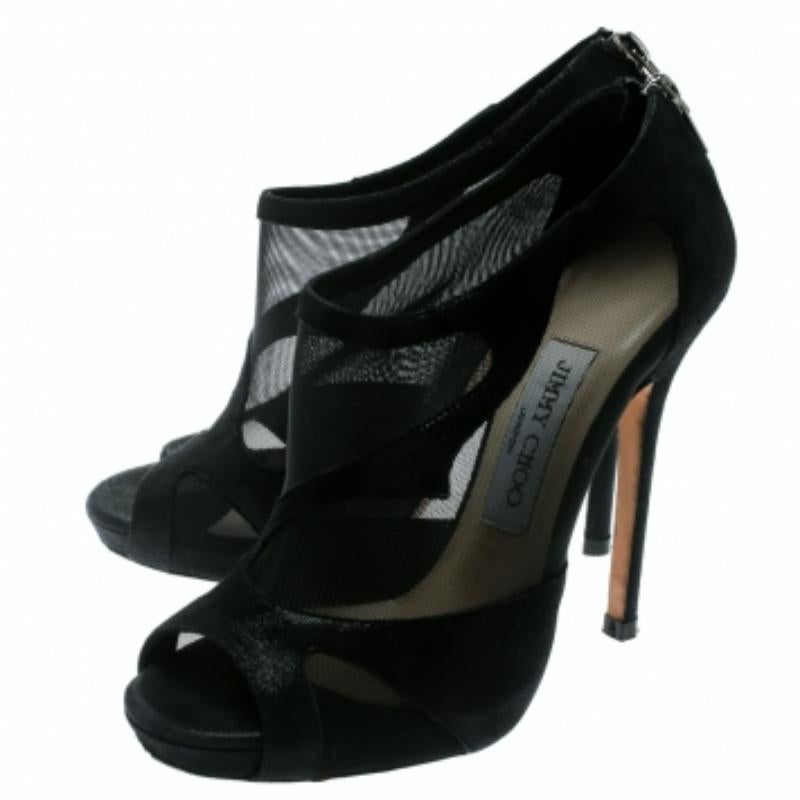 Jimmy Choo - Bottines à bout ouvert en maille noire et daim marbrée, taille 36,5 Pour femmes en vente