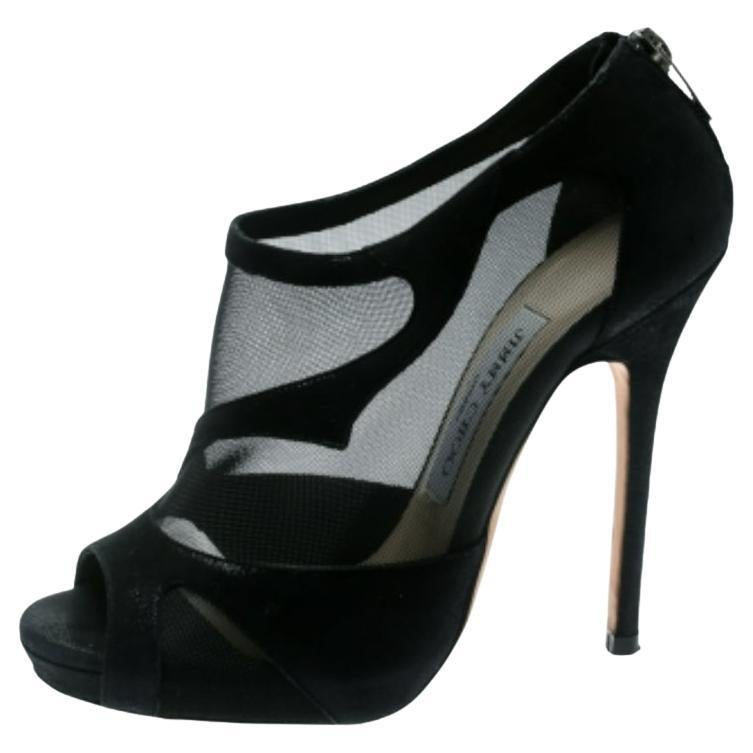 Jimmy Choo - Bottines à bout ouvert en maille noire et daim marbrée, taille 36,5 en vente