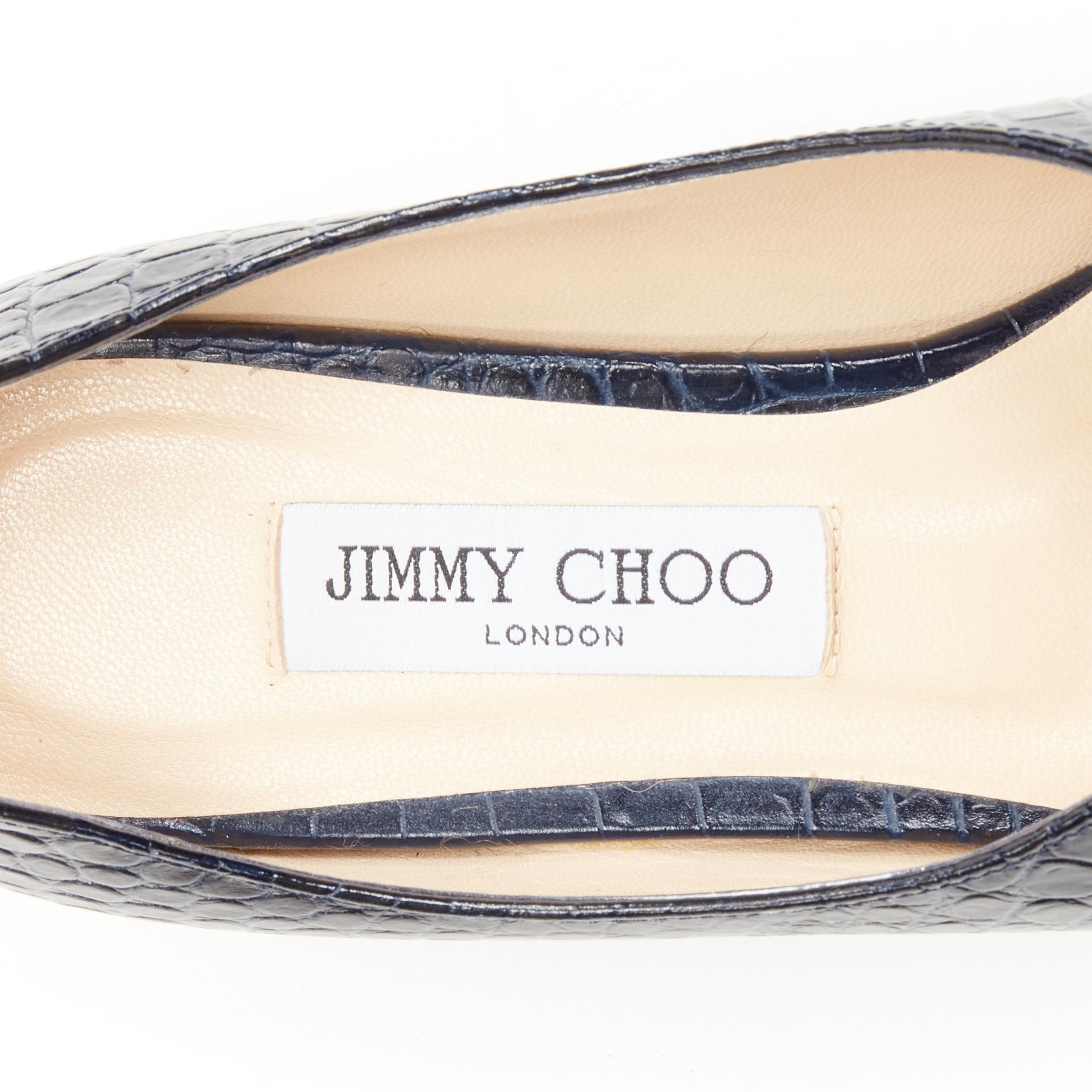 JIMMY CHOO black navy mock croc leather square toe JC charm flats EU38 For Sale 5