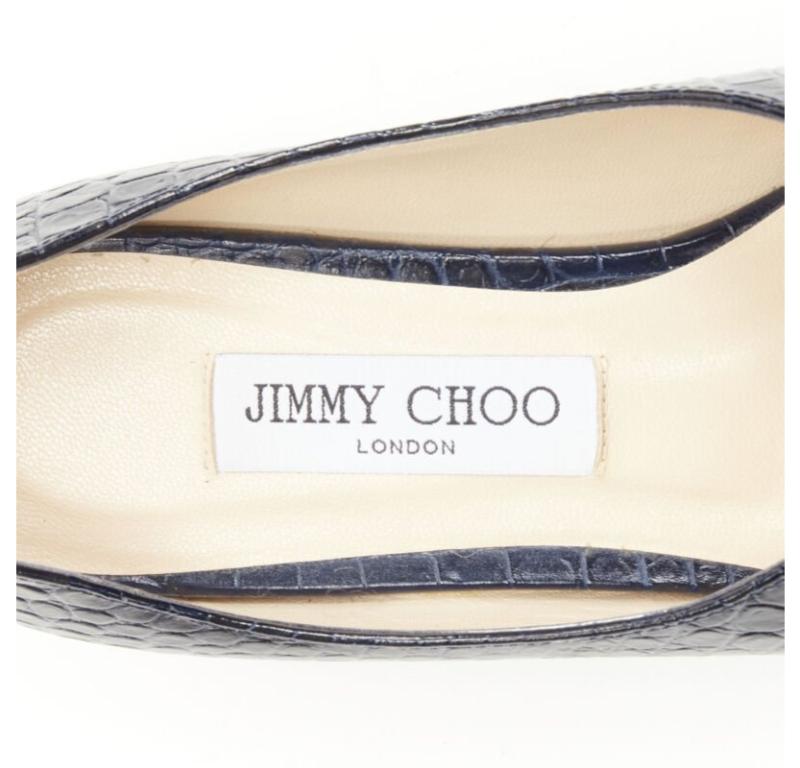 JIMMY CHOO - Chaussures à breloques à bout carré en cuir croco noir marine mock EU38 en vente 5