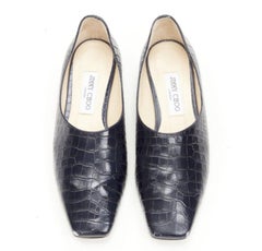 JIMMY CHOO black navy mock croc leather square toe JC charm flats EU38