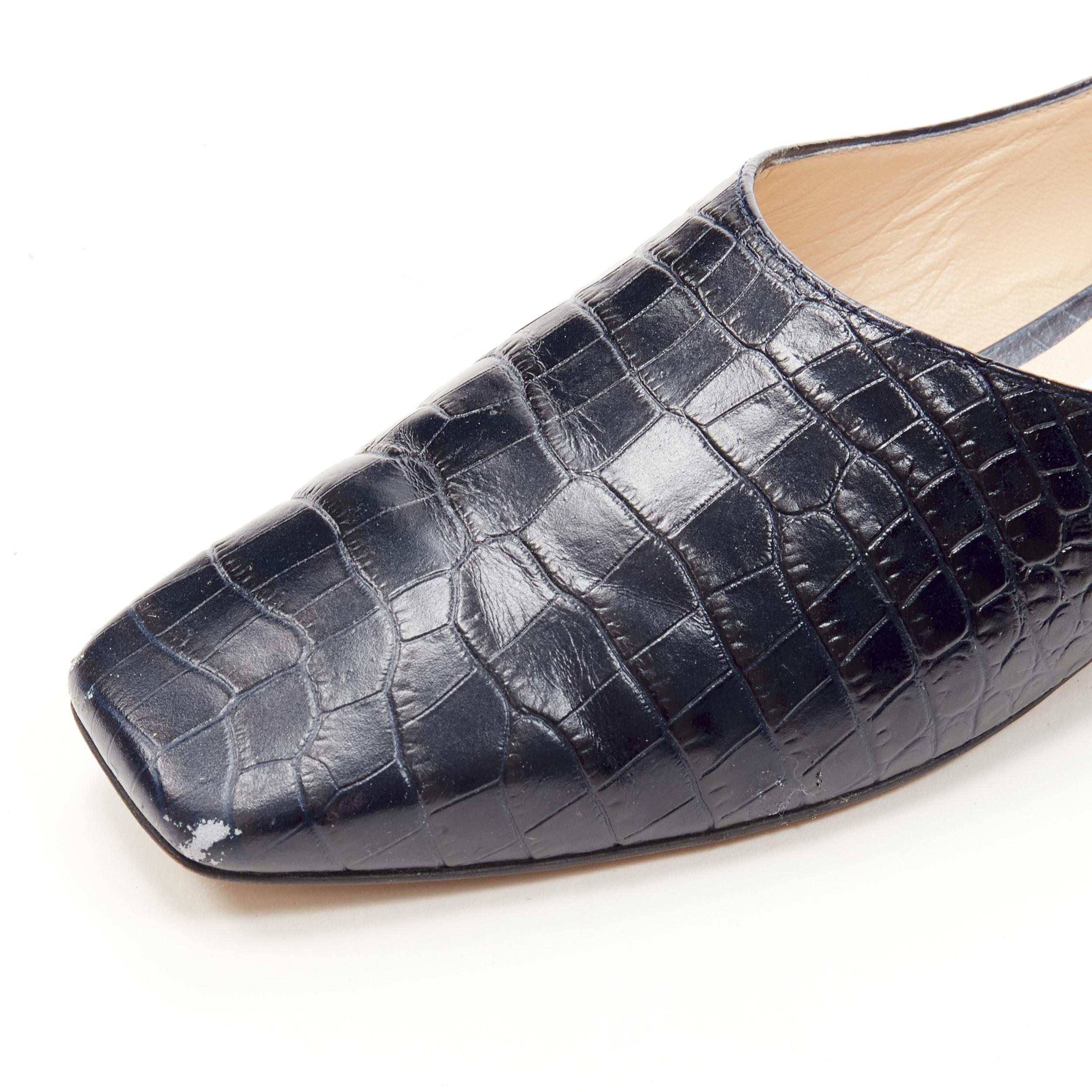JIMMY CHOO black navy mock croc leather square toe JC charm flats EU38 For Sale 2