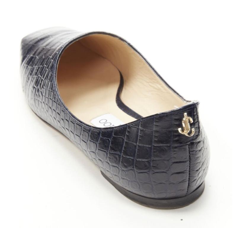 JIMMY CHOO - Chaussures à breloques à bout carré en cuir croco noir marine mock EU38 en vente 3