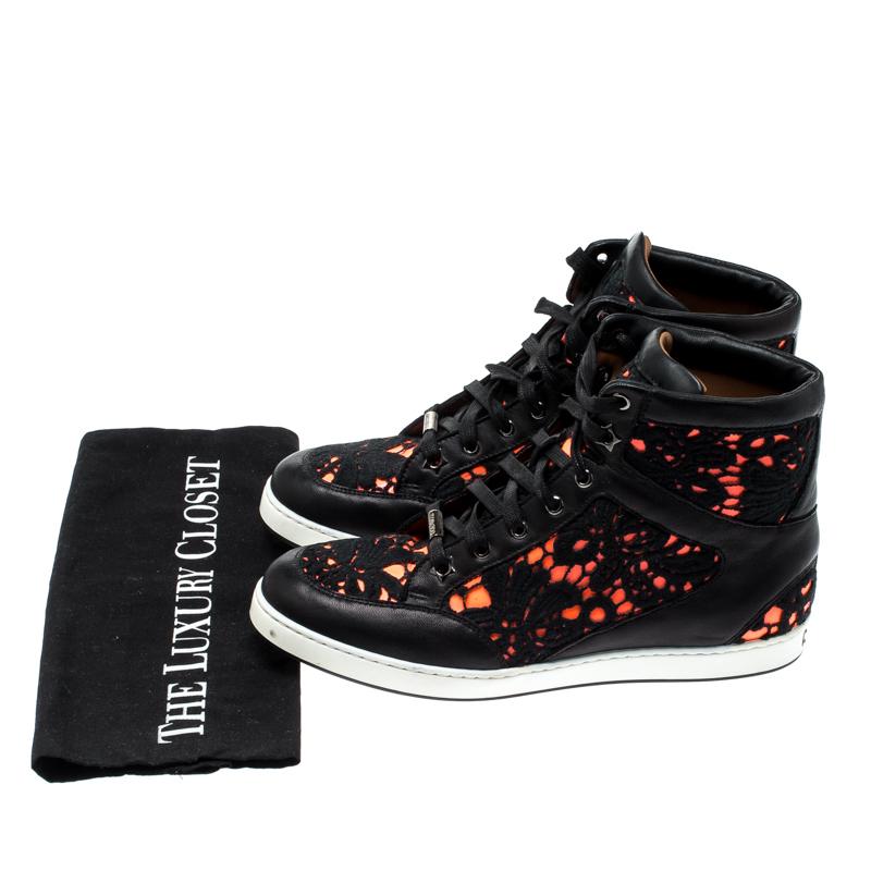 Jimmy Choo Black/Neon Leather and Lace Tokyo High Top Sneakers Size 37.5  For Sale at 1stDibs