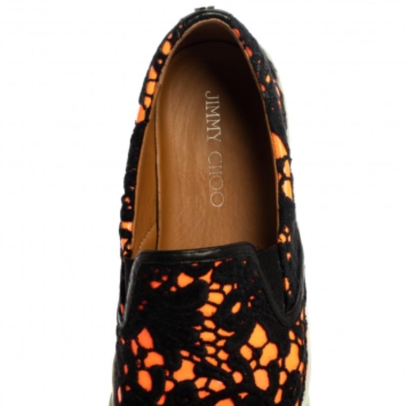 Women's Jimmy Choo Black Orange Lace and Patent Leather Demi Slip-On Sneakers Size 39.5 For Sale