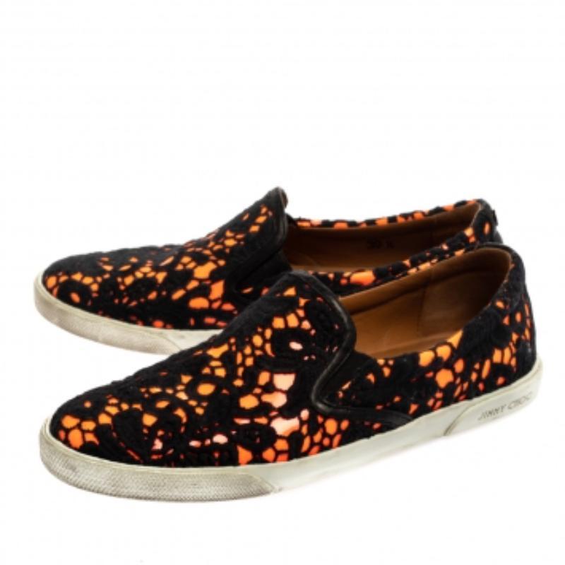 Jimmy Choo Black Orange Lace and Patent Leather Demi Slip-On Sneakers Size 39.5 For Sale 1