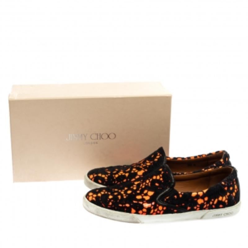 Jimmy Choo Black Orange Lace and Patent Leather Demi Slip-On Sneakers Size 39.5 For Sale 3