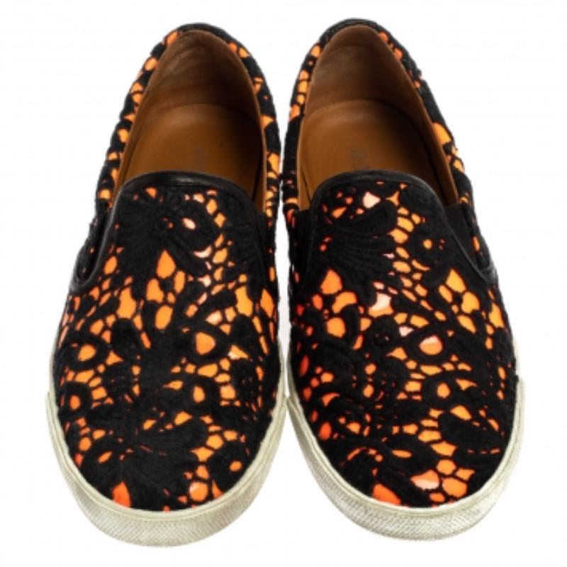 Jimmy Choo Black Orange Lace and Patent Leather Demi Slip-On Sneakers Size 39.5 For Sale 4