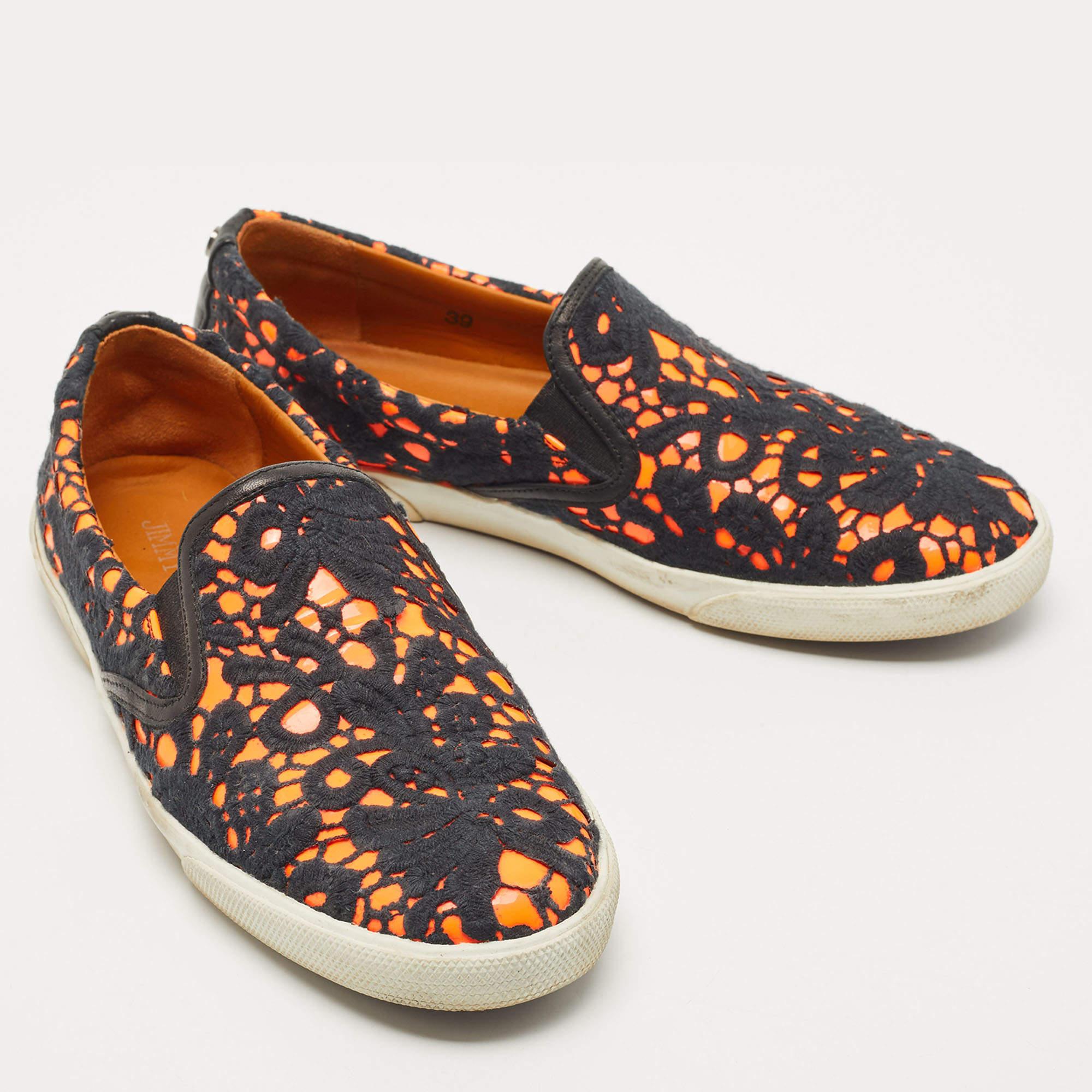 Men's Jimmy Choo Black/Orange Lace Slip on Sneakers Size 39 For Sale