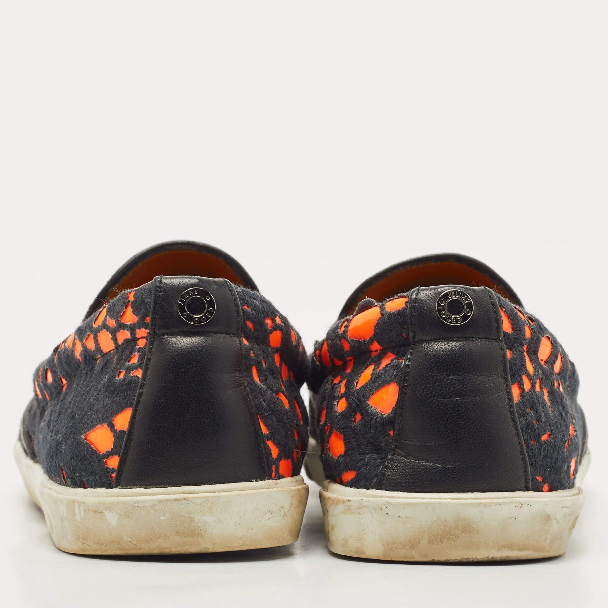 Jimmy Choo Black/Orange Lace Slip on Sneakers Size 39 For Sale 1